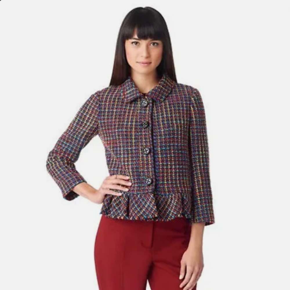 Kate Spade Dayna Jacket Multi-Color Tweed Pleated Hem Size 4